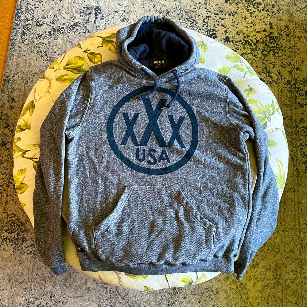 10 Deep XXX Logo Mens Sz. M Gray/Blue Pullover Hoodie LN! RARE